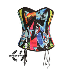 Multi Printed Satin With Front Lace Overbust Costume Waist Cincher Cosplay Corset