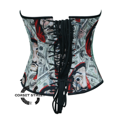 Plus Size  Dollars with Money Heist Halloween Mask Printed Satin Overbust Corset