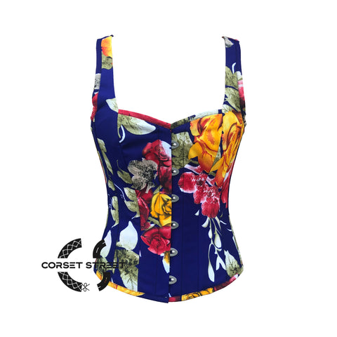 Multicolor Print Burlesque Georgette Corset With Shoulder Straps Overbust Floral Costume Bustier Top