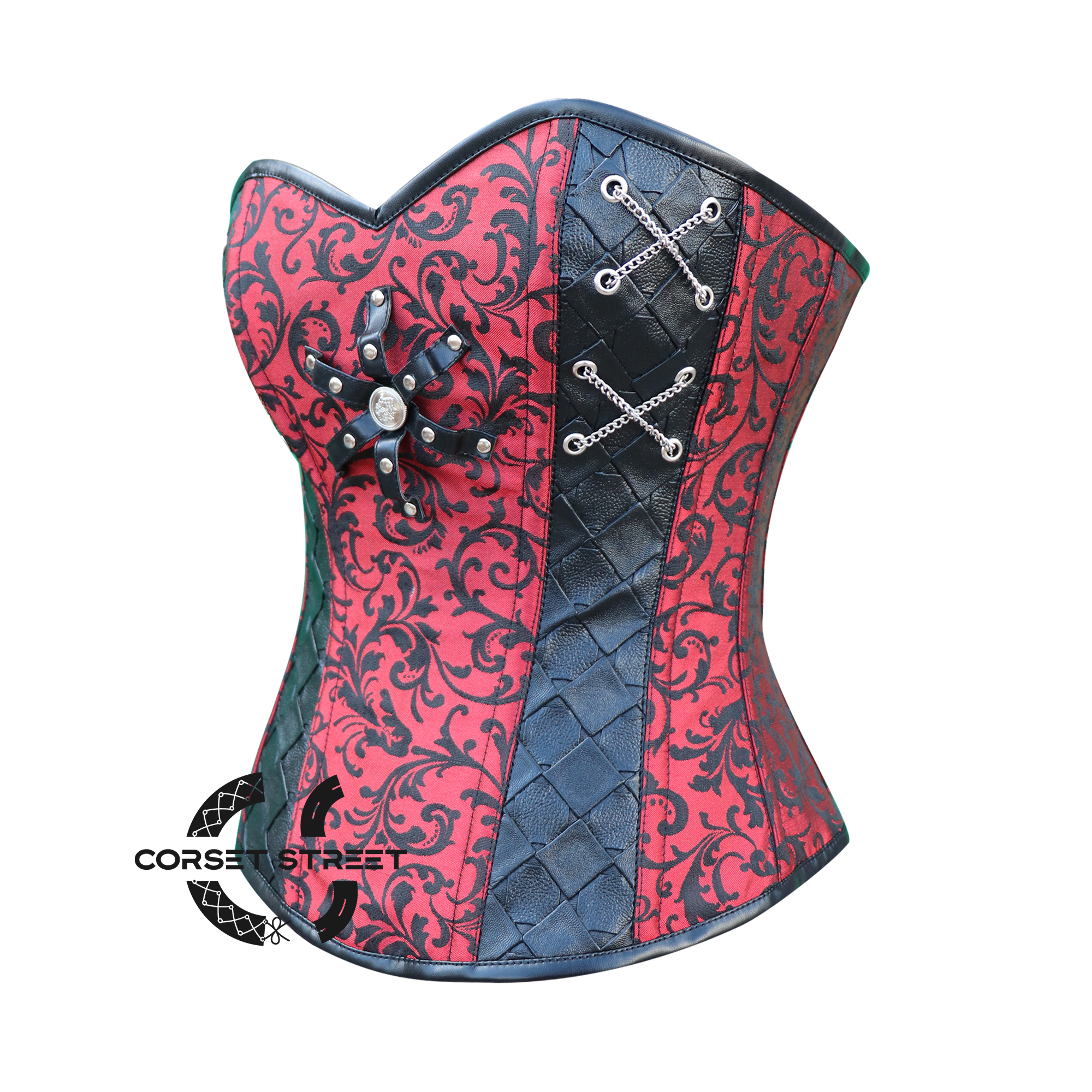 Plus Size Red and Black Brocade Steampunk Leather Gothic Costume for Halloween Overbust Corset Top