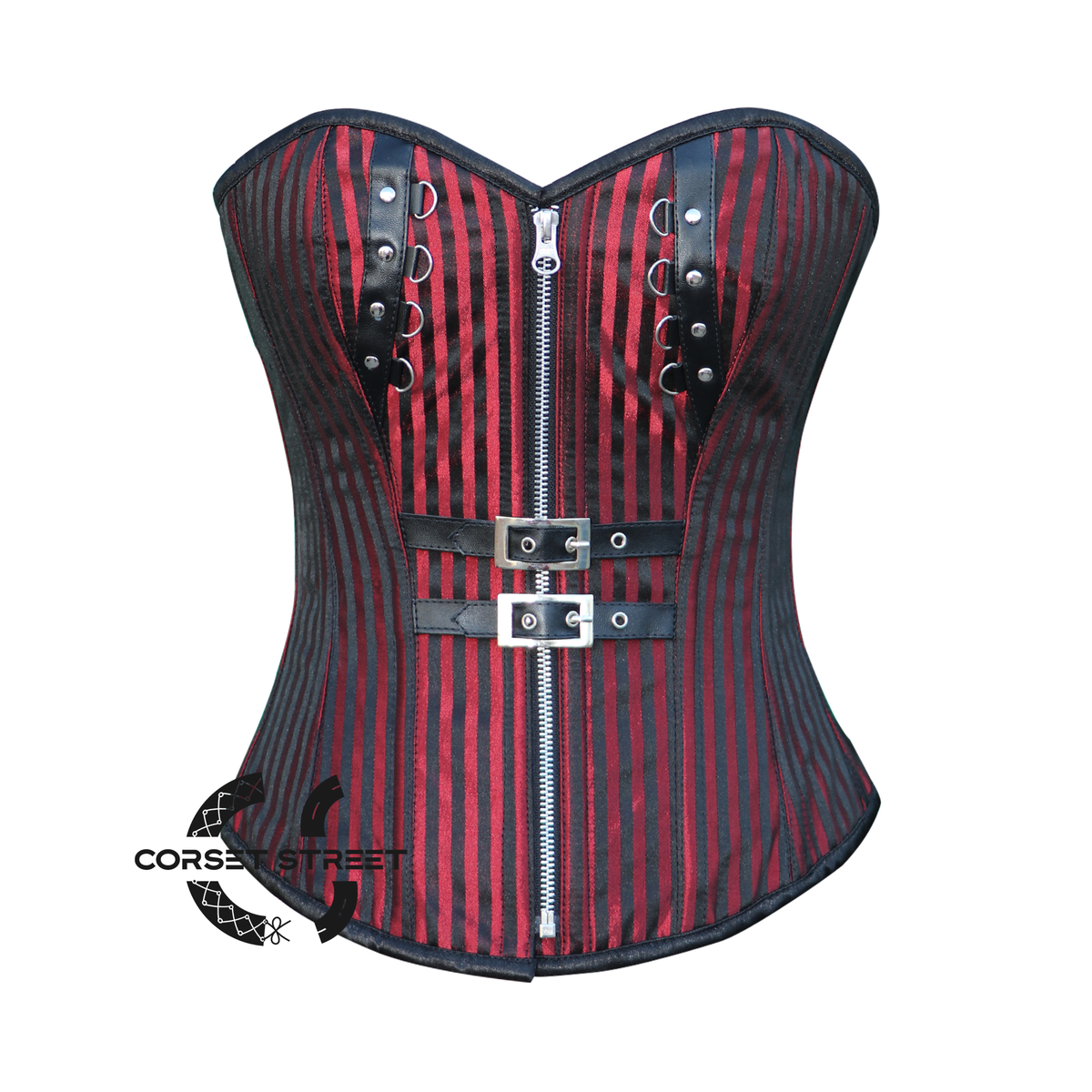 Plus Size Red And Black Brocade Gothic Front Zipper Leather Overbust Corset Halloween Top