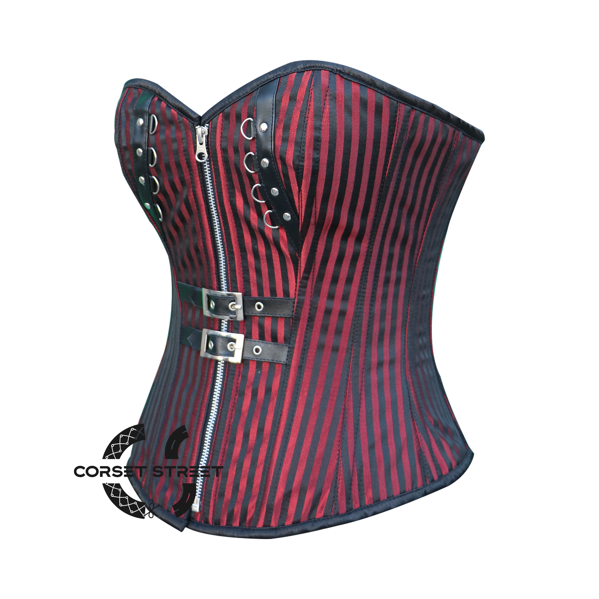 Plus Size Red And Black Brocade Gothic Front Zipper Leather Overbust Corset Halloween Top