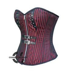 Plus Size Red And Black Brocade Gothic Front Zipper Leather Overbust Corset Halloween Top