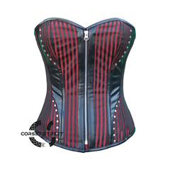 Red And Black Brocade Gothic Zipper Leather Overbust Corset Halloween Top