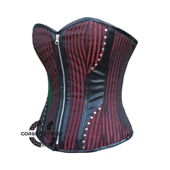 Red And Black Brocade Gothic Zipper Leather Overbust Corset Halloween Top