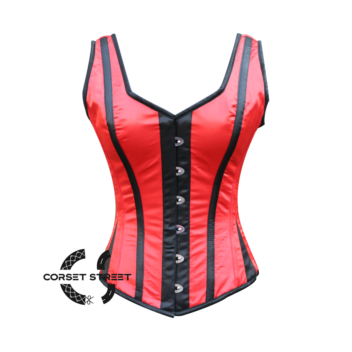 Plus Size Red And Black Satin Corset With Shoulder Strap Halloween Top