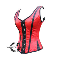 Red And Black Satin Corset With Shoulder Strap Halloween Top