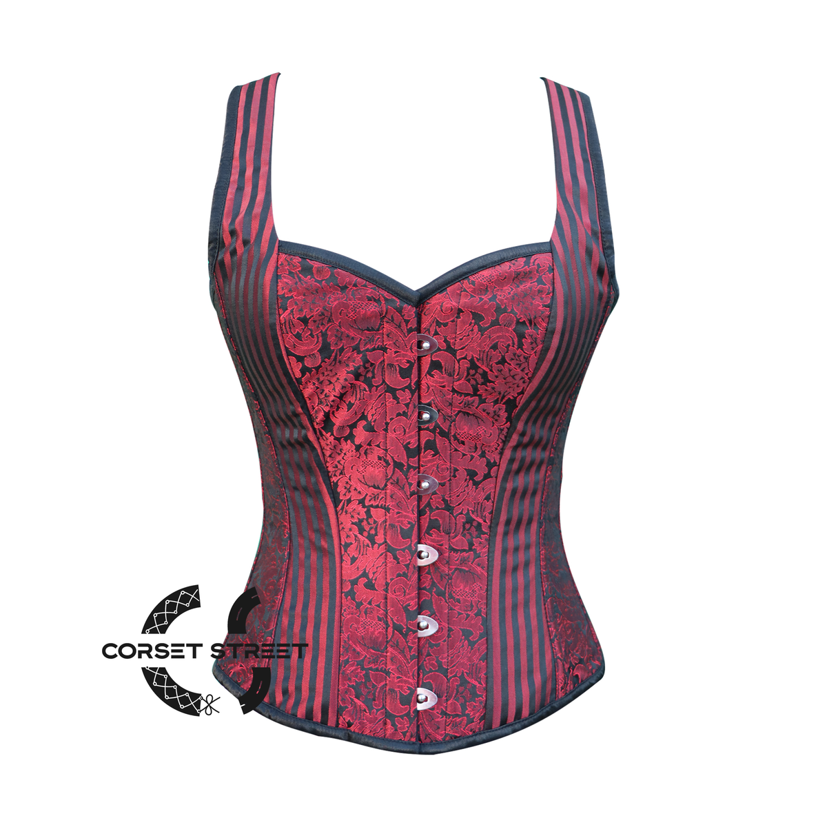 Red And Black Brocade Halloween Corset with Shoulder Strap Overbust Top