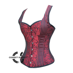 Red And Black Brocade Halloween Corset with Shoulder Strap Overbust Top