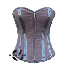 Brown Cotton Leather Stripe Steampunk Double Bone Costume for Halloween Overbust Corset