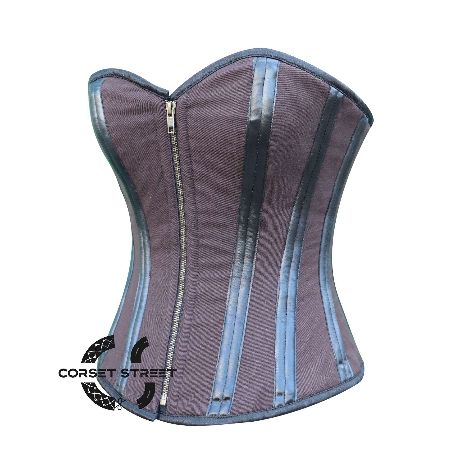 Brown Cotton Leather Stripe Steampunk Double Bone Costume for Halloween Overbust Corset