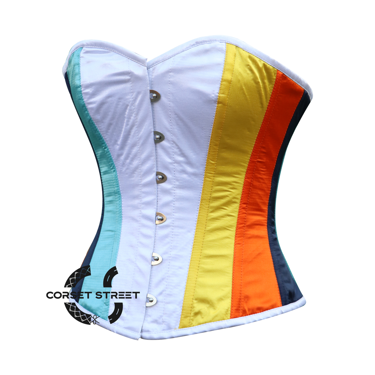 White, Royal Blue, Orange And Yellow Satin Aro-ace Color Costume Burlesque Halloween Corset Overbust Top