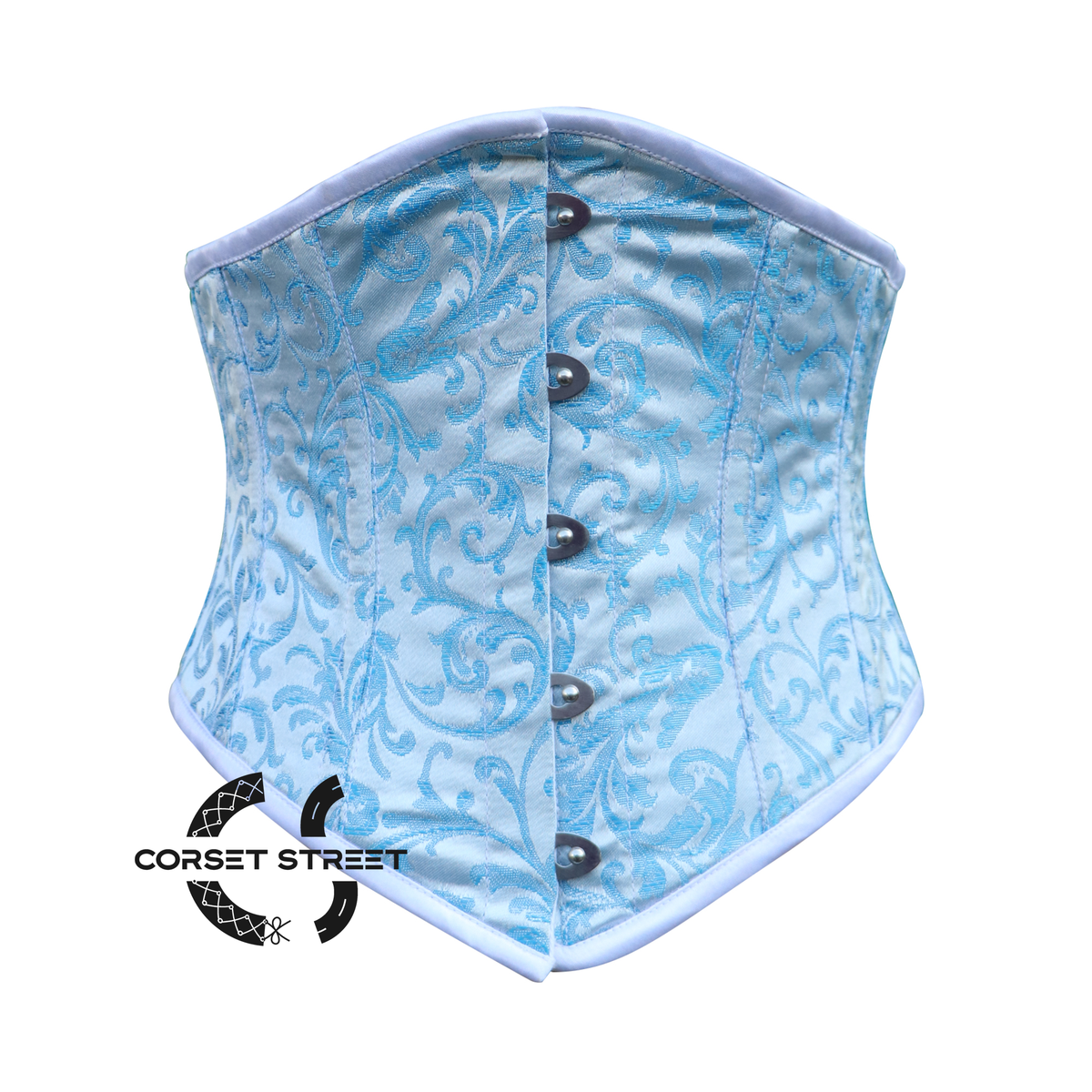 Turquoise And White Brocade Gothic Waist Trainer Underbust Waspie Corset