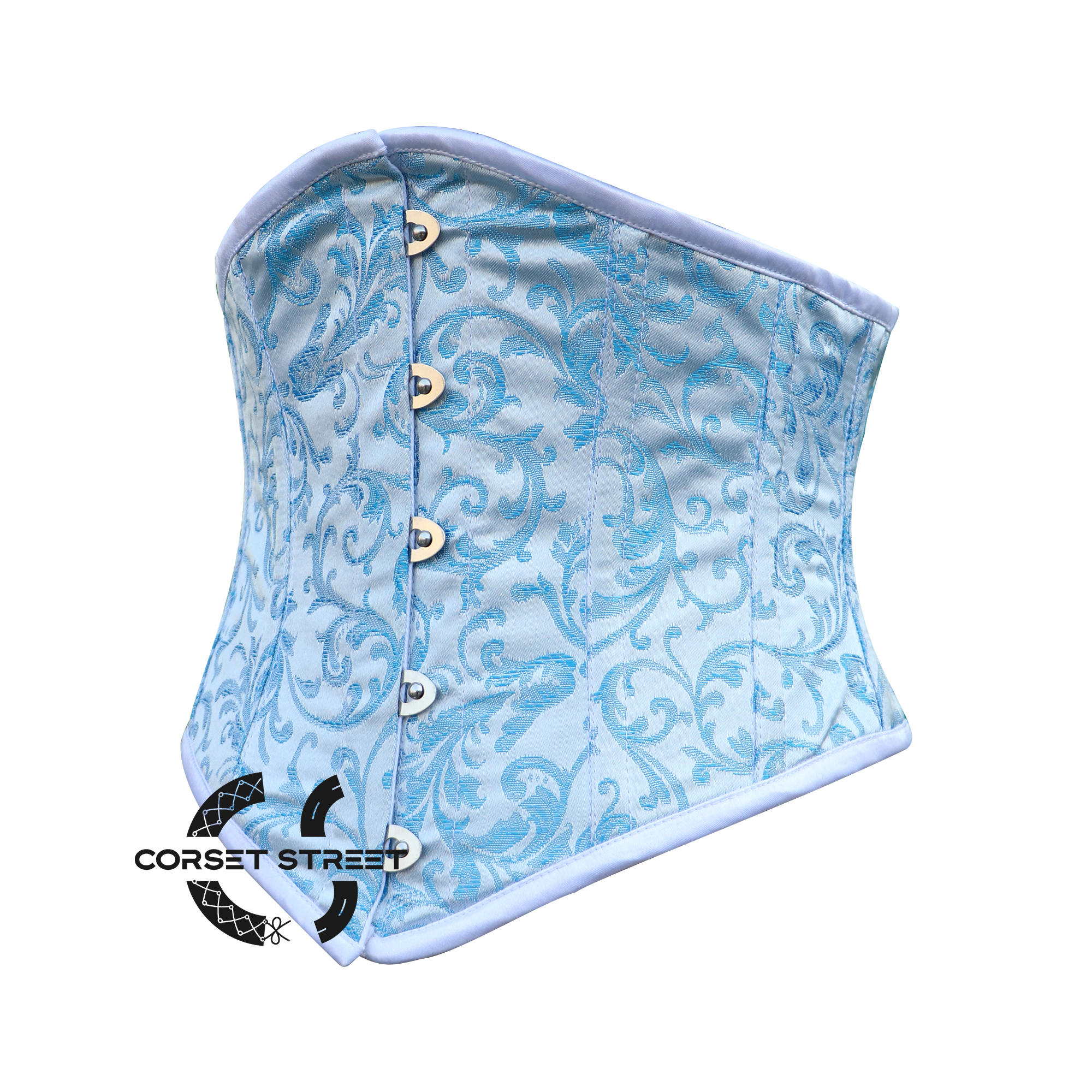 Turquoise And White Brocade Gothic Waist Trainer Underbust Waspie Corset