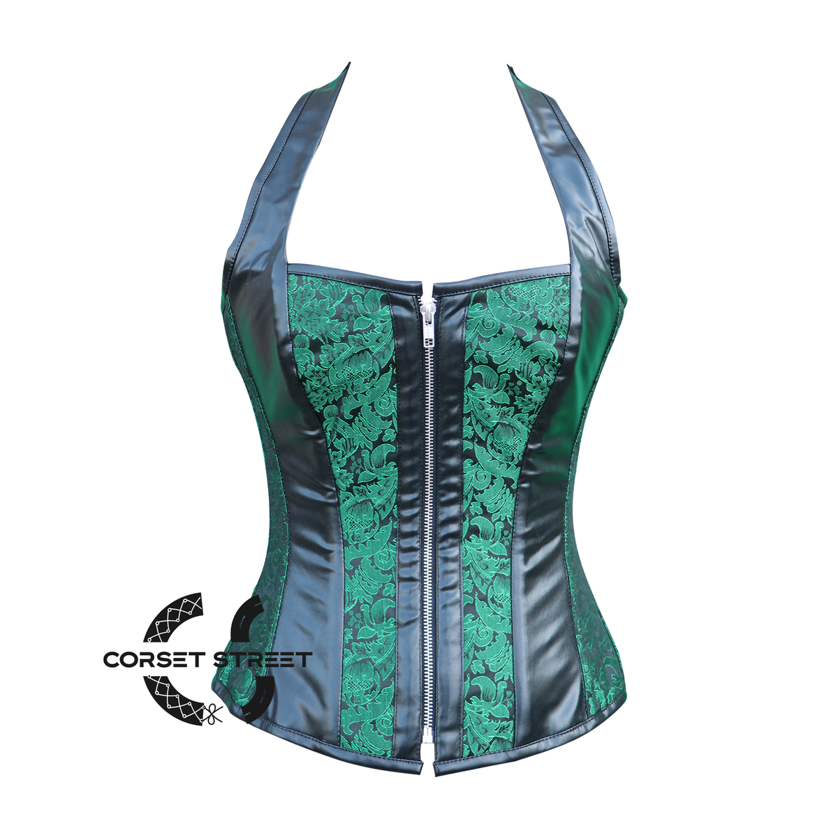 Plus Size Green And Black Brocade Leather Shoulder Strap Halloween Overbust Corset