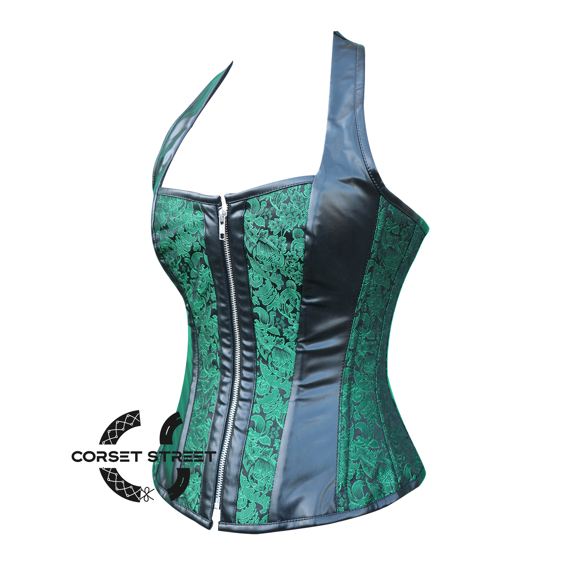 Plus Size Green And Black Brocade Leather Shoulder Strap Halloween Overbust Corset