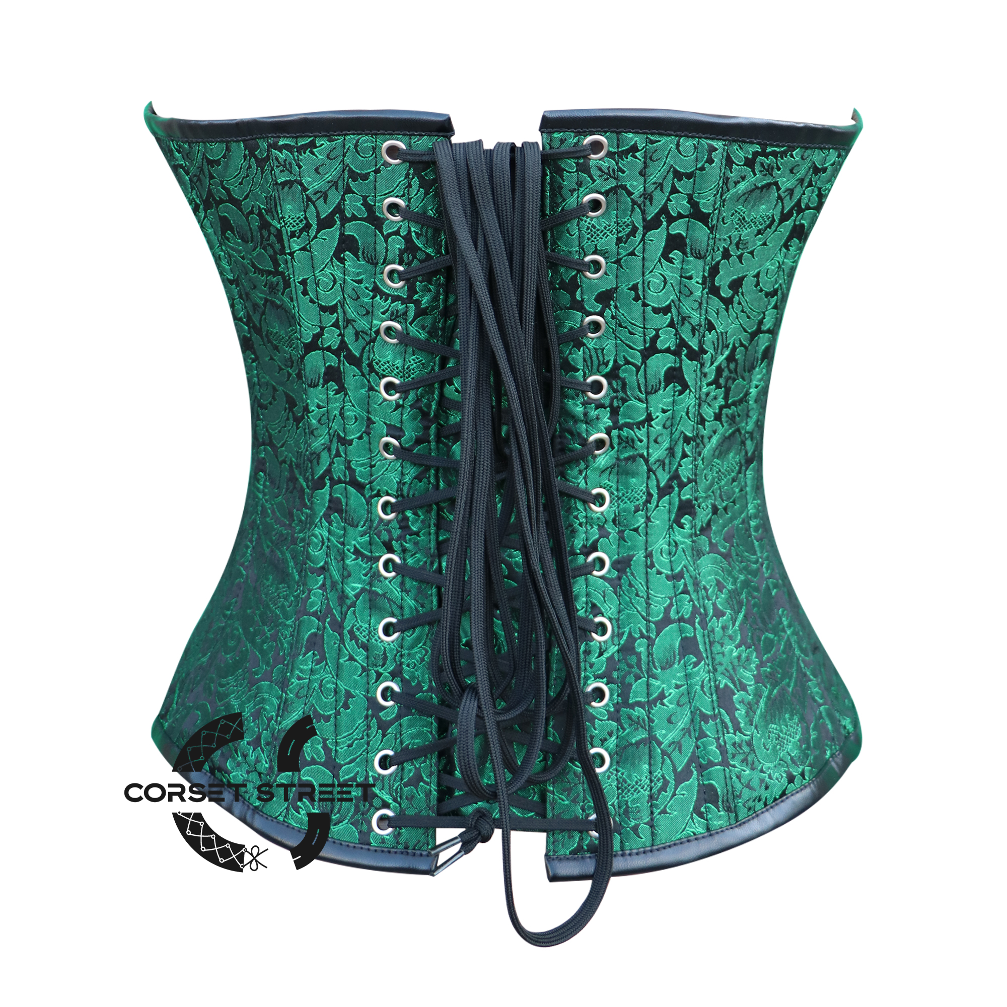 Plus Size Green And Black Brocade Leather Shoulder Strap Halloween Overbust Corset