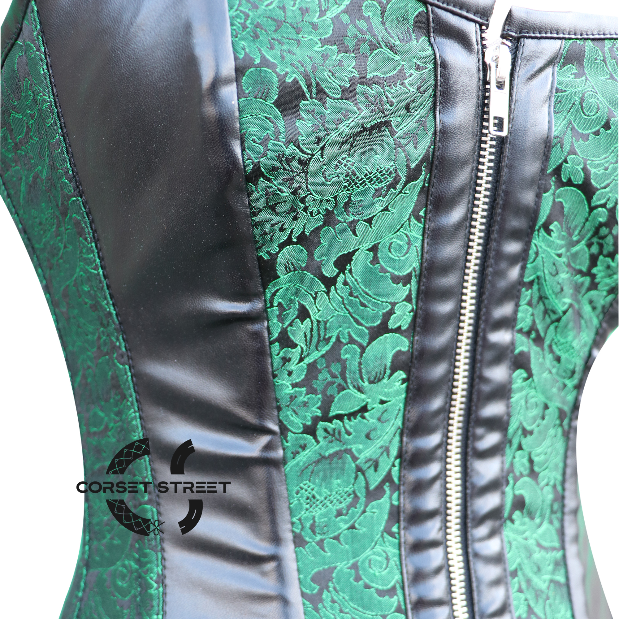 Plus Size Green And Black Brocade Leather Shoulder Strap Halloween Overbust Corset