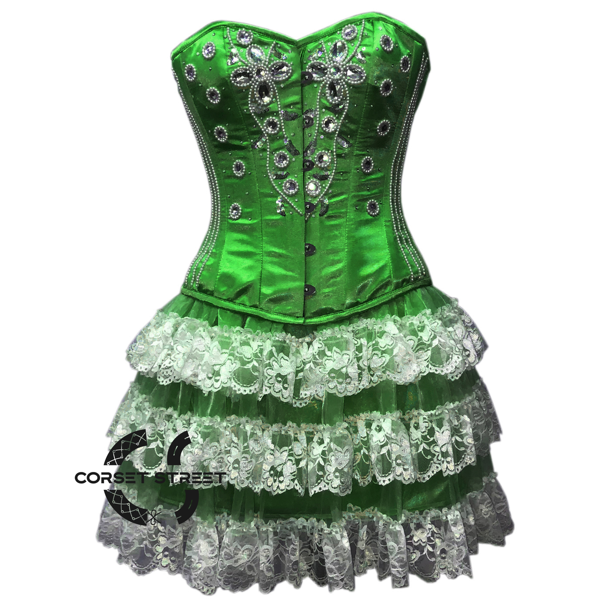 Plus Size Green Satin Silver Sequins Burlesque Dress With Net Frill Skirt Corset Gothic Overbust Costume