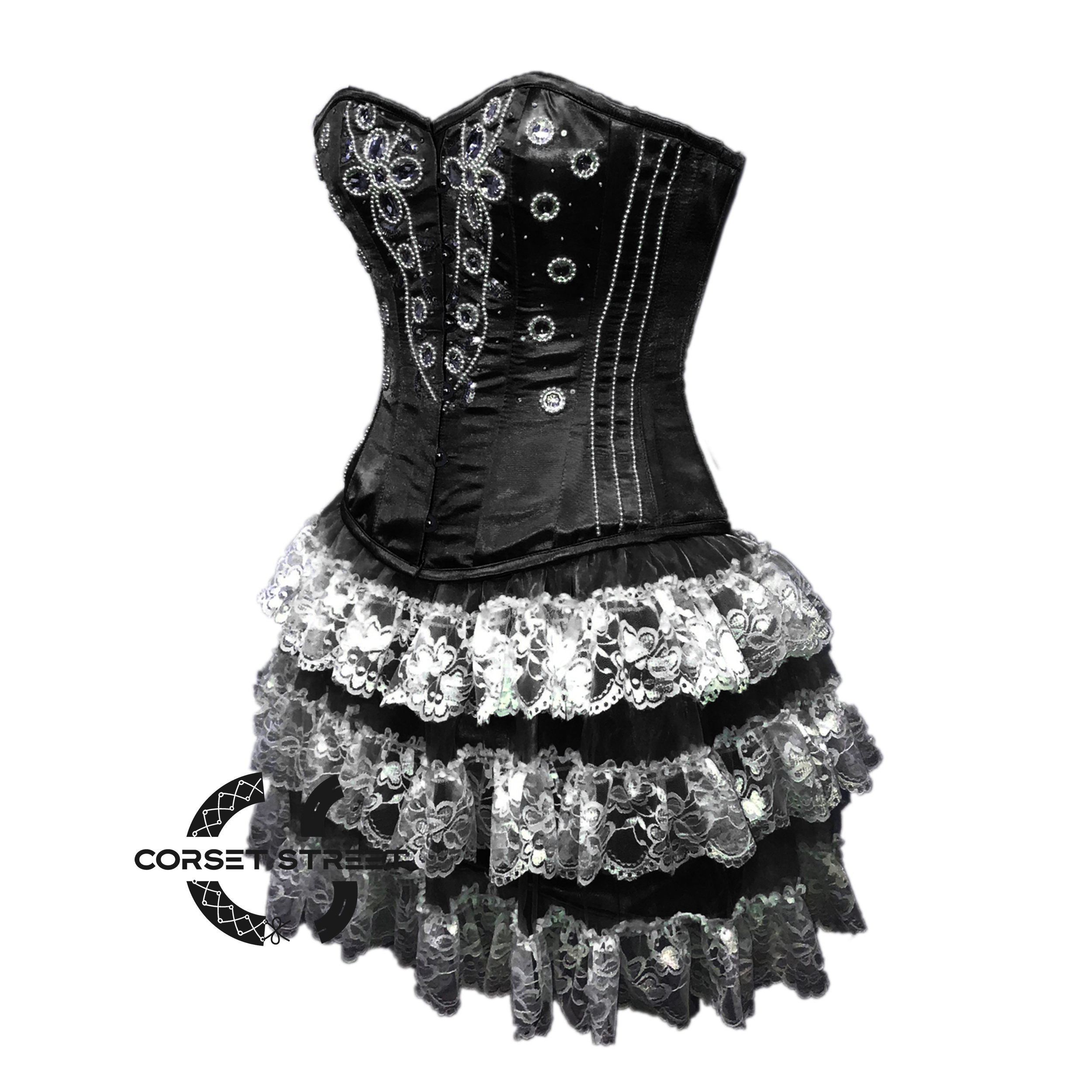 Black Satin Silver Sequins Burlesque Dress With Net Frill Skirt Corset Gothic Overbust Costume