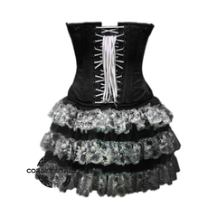 Black Satin Silver Sequins Burlesque Dress With Net Frill Skirt Corset Gothic Overbust Costume