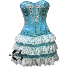 Turquoise Satin Silver Sequins Burlesque Dress With Net Frill Skirt Corset Gothic Overbust Costume