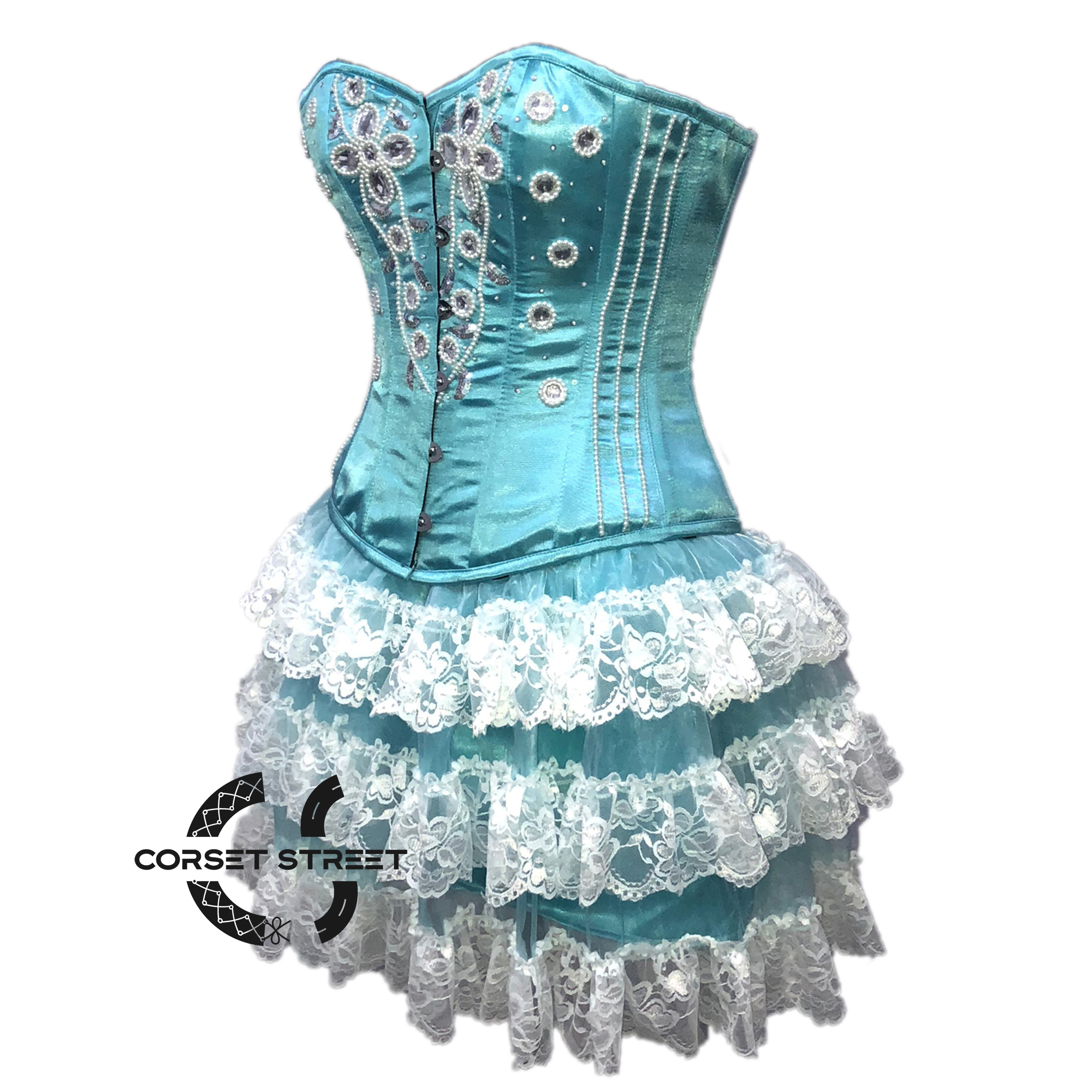 Turquoise Satin Silver Sequins Burlesque Dress With Net Frill Skirt Corset Gothic Overbust Costume