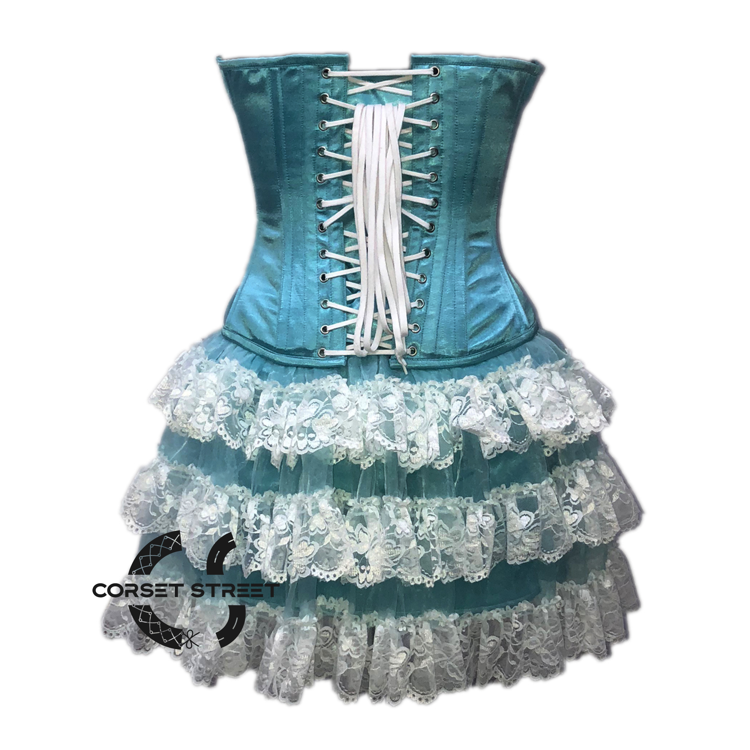 Turquoise Satin Silver Sequins Burlesque Dress With Net Frill Skirt Corset Gothic Overbust Costume