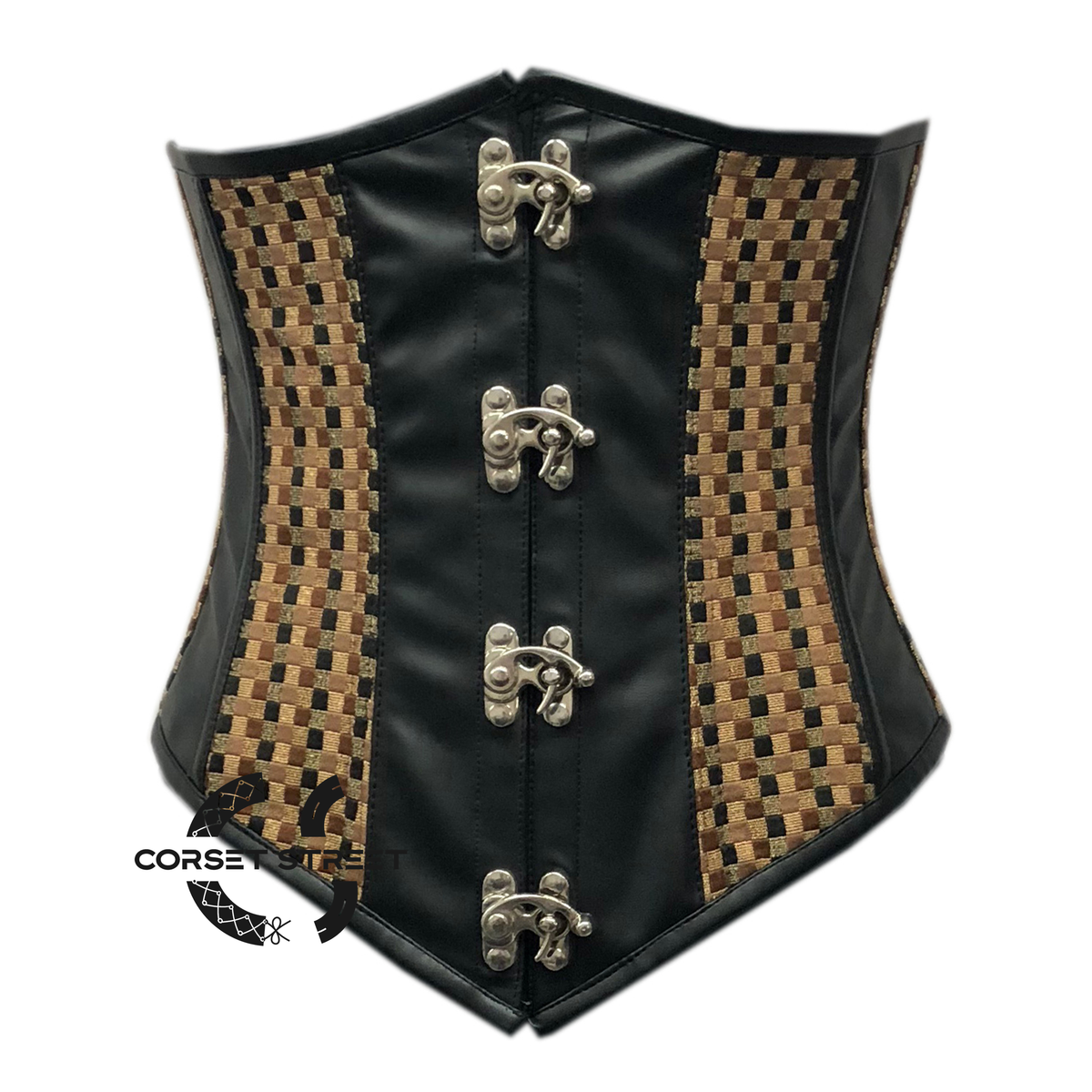 Plus Size Black Faux Leather With Brown Jute Steampunk Underbust Corset Heavy Duty Gothic Costume