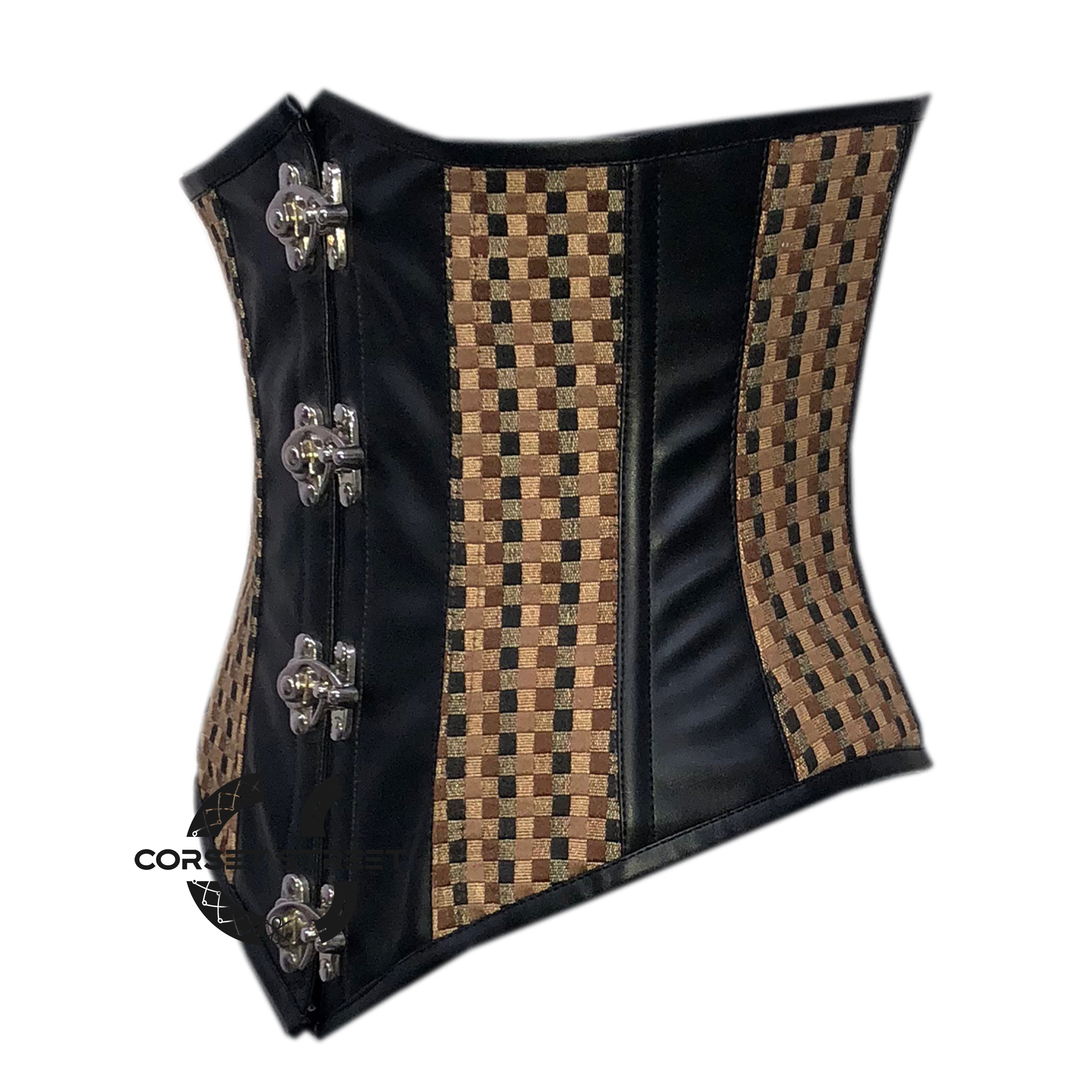 Black Faux Leather With Brown Jute Steampunk Underbust Corset Heavy Duty Gothic Costume