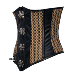 Plus Size Black Faux Leather With Brown Jute Steampunk Underbust Corset Heavy Duty Gothic Costume