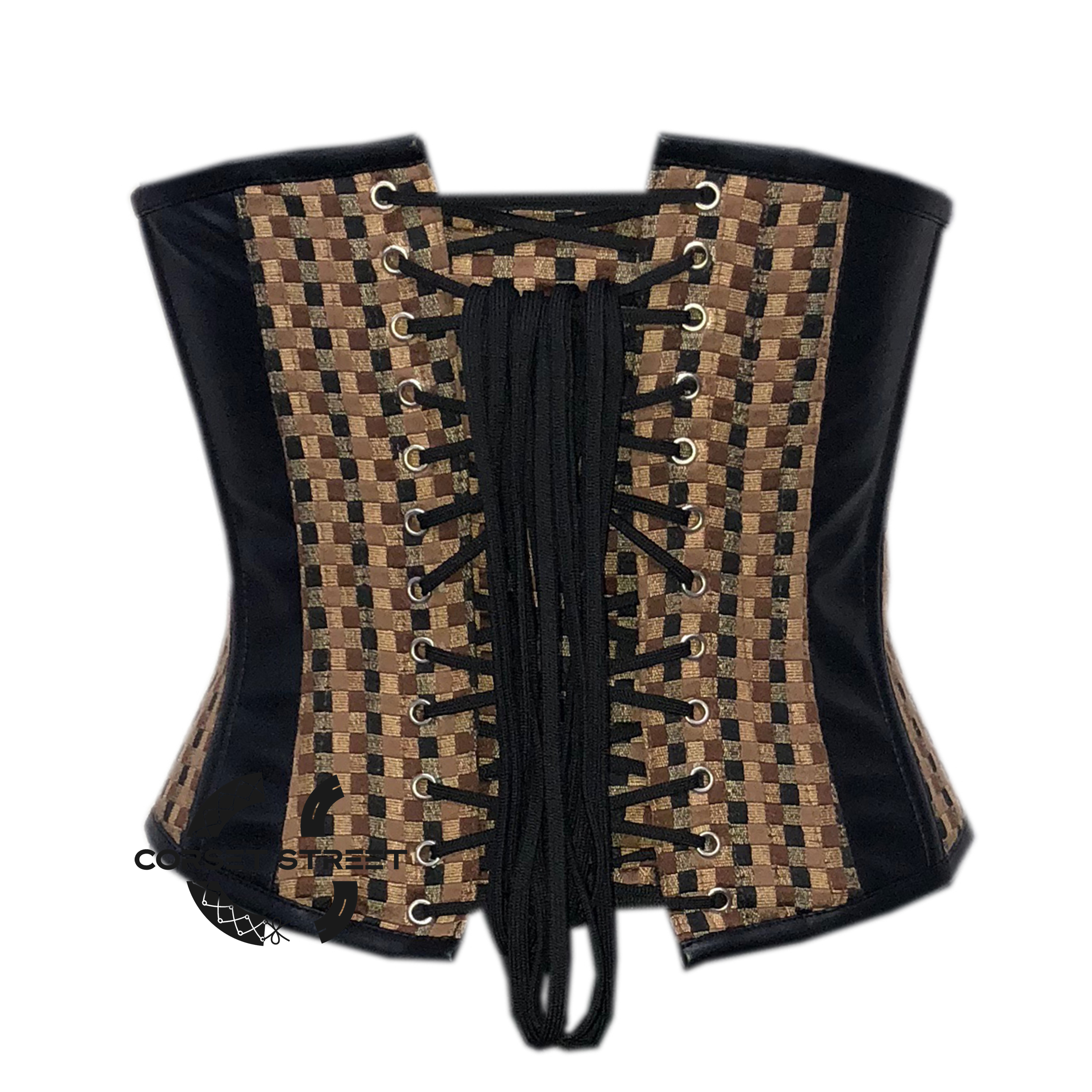 Black Faux Leather With Brown Jute Steampunk Underbust Corset Heavy Duty Gothic Costume