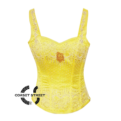 Yellow Satin With Sequins Work Burlesque Corset With Shoulder Strap