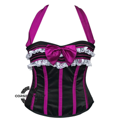 Purple And Black Satin With Front Bow Halter Neck Burlesque Gothic Overbust Corset Top