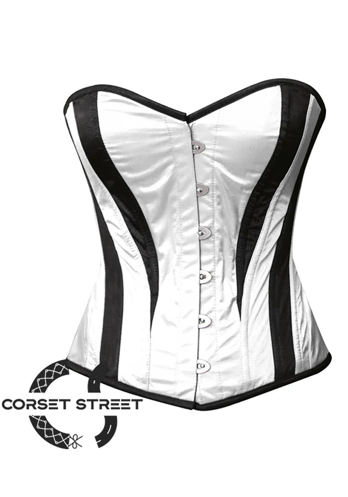 Black and White Satin Burlesque Costume Overbust Corset Top