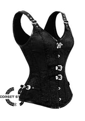 Black Brocade and Leather Gothic Steampunk Costume Waist Training Bustier Overbust Corset with Shoulder Straps