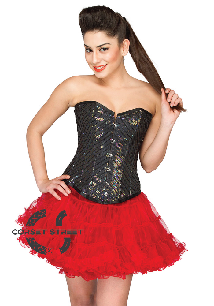 Black Cotton Silk Sequins Top With Red Poly Tissue Tutu Skirt Corset Dress