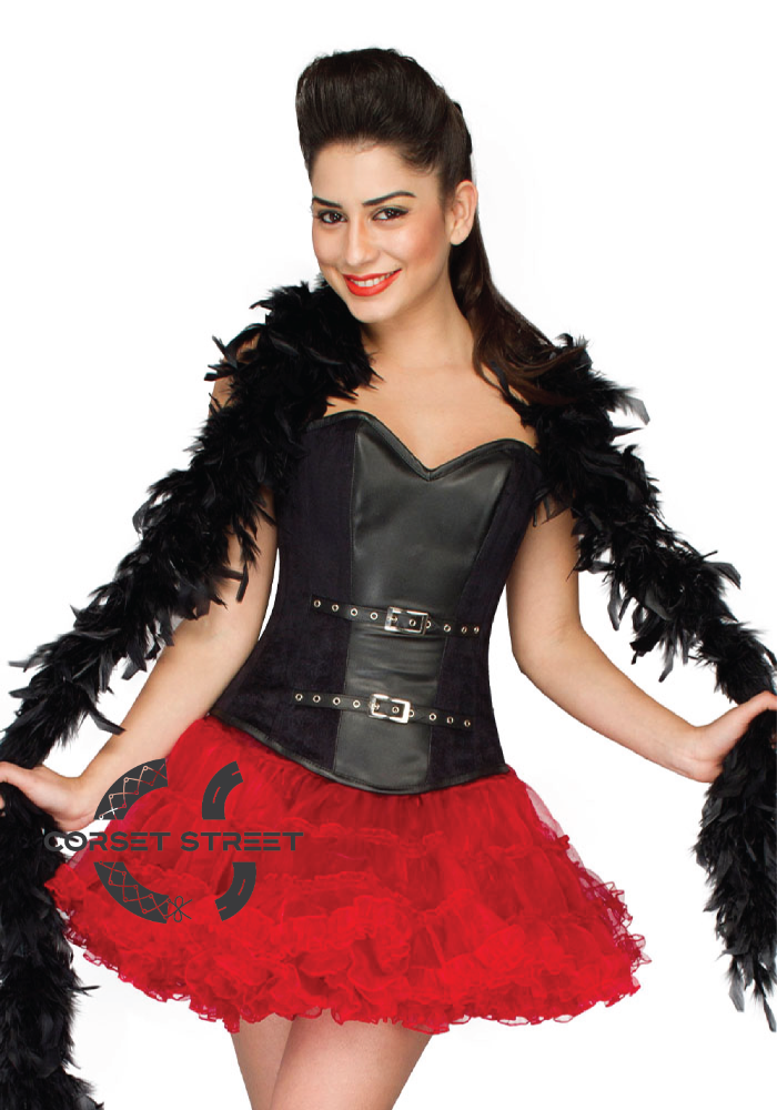 Black Leather Waist Cincher Overbust Top & Tissue Tutu Skirt Plus Size Corset Dress