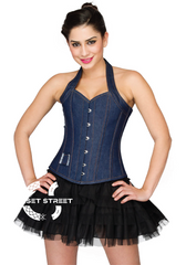 Blue Denim Halter Neck Overbust Top & Black Satin Net Tutu Skirt Plus Size Corset Dress