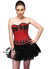 Red Black Sequins Satin Top Tutu Skirt Waist Cincher Women Overbust Plus Size Corset Dress