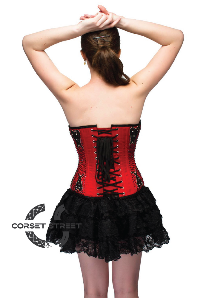 Red Black Sequins Satin Top Tutu Skirt Waist Cincher Women Overbust Plus Size Corset Dress