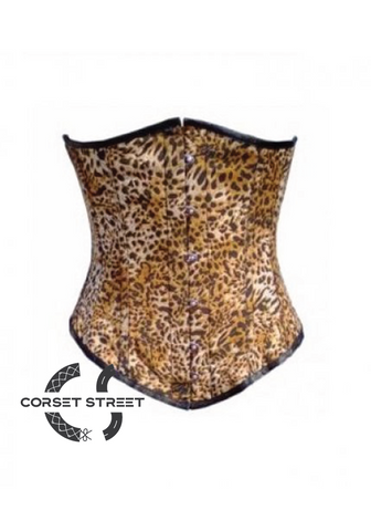Leopard Print Polyester Burlesque Waist Training Basque LONG Underbust Plus Size Corset Costume
