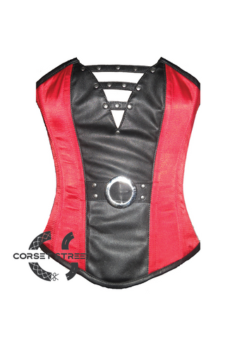 Red & Black Satin Leather Work Waist Training Bustier Overbust Plus Size Corset Costume