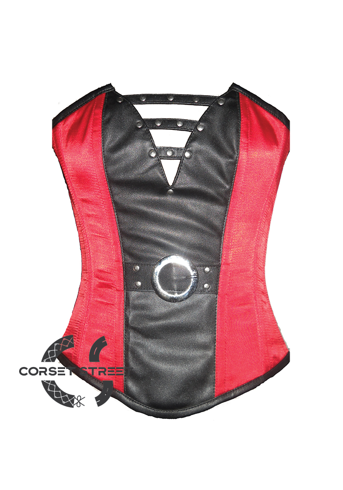 Red & Black Satin Leather Work Waist Training Bustier Overbust Corset Costume