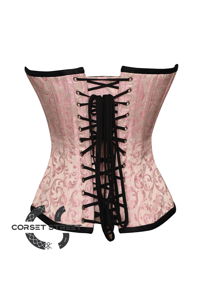 Pink & Black Silver Brocade Gothic Burlesque Bustier Waist Training Overbust Plus Size  Corset Costume