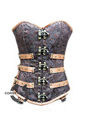 Brown Brocade Leather Gothic Steampunk Bustier Period Costume Waist Training Overbust Corset Top