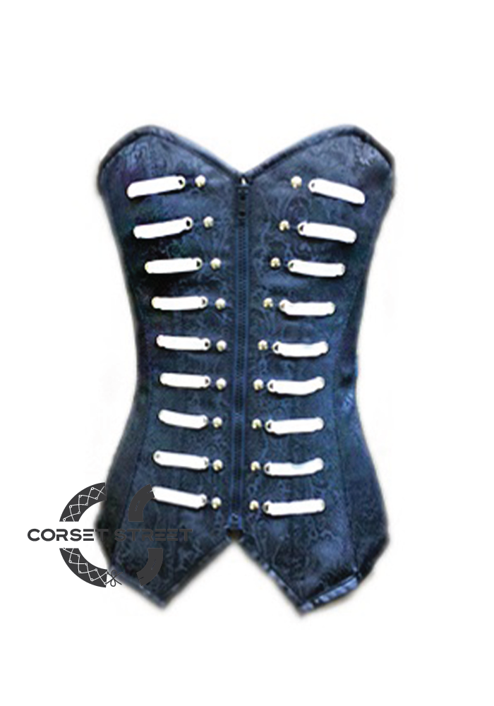 Blue Brocade Zipper Gothic Steampunk Bustier Waist Training Burlesque Long Overbust Plus Size Corset Costume
