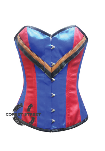 Red Blue Satin V Leather Straps Gothic Steampunk Waist Training Bustier Burlesque Overbust Plus Size Corset Costume