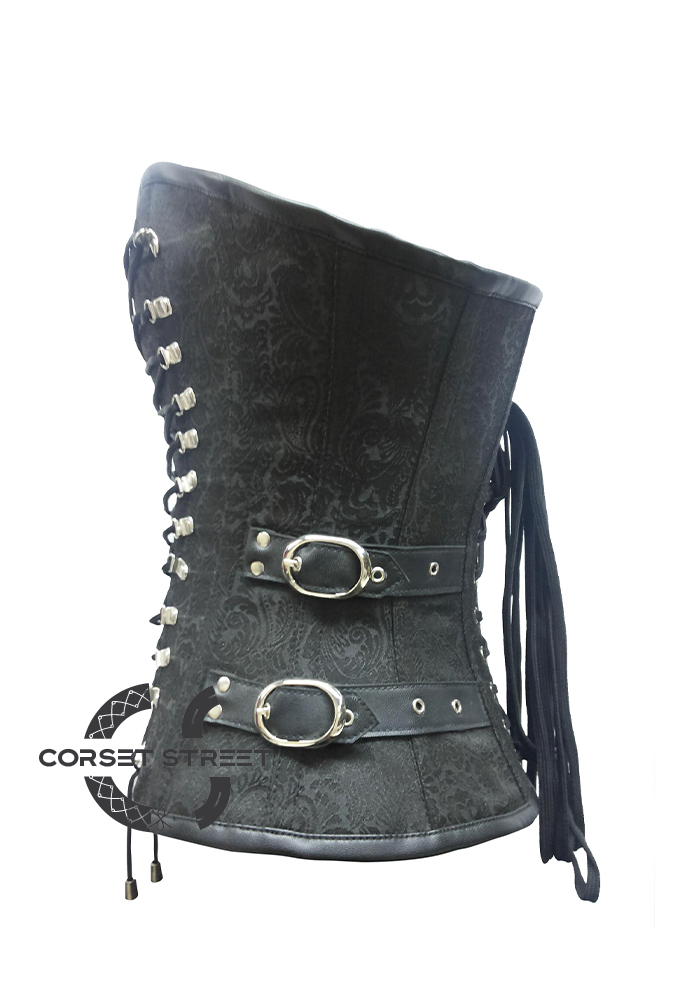 Black Brocade Leather Zipper Laces Gothic Steampunk Bustier Burlesque Overbust Plus Size Corset Costume