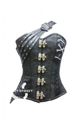 Black Brocade Leather Straps Gothic Steampunk Bustier Waist Training Women Overbust Plus Size Corset Fantasy Costume
